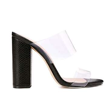 LISHAN Women's Clear Heels Chunky High Heel Mules Open Toe Slip On Slide Sandals Sexy Block Heel Strappy Summer Dress Sandals Black Size 7