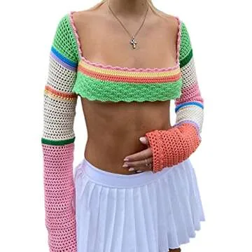 Women Y2k Long Sleeve Knit Crop Top Casual Color Block Crochet Cropped Sweater Tops Square Neck Knitwear (Green, Medium)
