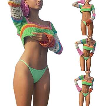 Women Y2k Long Sleeve Knit Crop Top Casual Color Block Crochet Cropped Sweater Tops Square Neck Knitwear (Green, Medium)