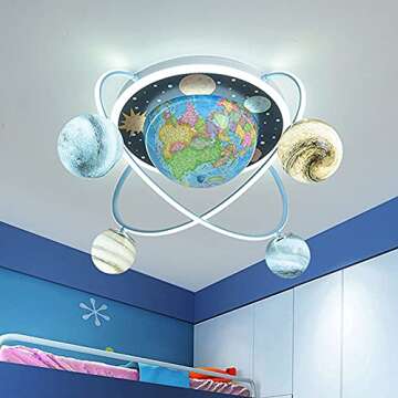 LAKIQ Kid’s Room Flush Mount Chandelier Lighting Fixture Planets Arounding Earth Theme LED Close to Ceiling Lights Modern Flush Mount Ceiling Light for Boy’s Girl’s Room Bedroom Children’s Room