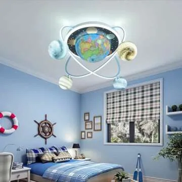 LAKIQ Kid’s Room Flush Mount Chandelier Lighting Fixture Planets Arounding Earth Theme LED Close to Ceiling Lights Modern Flush Mount Ceiling Light for Boy’s Girl’s Room Bedroom Children’s Room