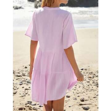 R.Vivimos Womens Summer Cotton Flowy Mini Dress V Neck Short Sleeve Boho Ruffle Tiered Casual Loose ...