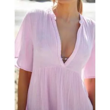 R.Vivimos Womens Summer Cotton Flowy Mini Dress V Neck Short Sleeve Boho Ruffle Tiered Casual Loose Tunic Dress (Small, Lavender)