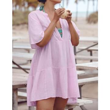 R.Vivimos Womens Summer Cotton Flowy Mini Dress V Neck Short Sleeve Boho Ruffle Tiered Casual Loose Tunic Dress (Small, Lavender)