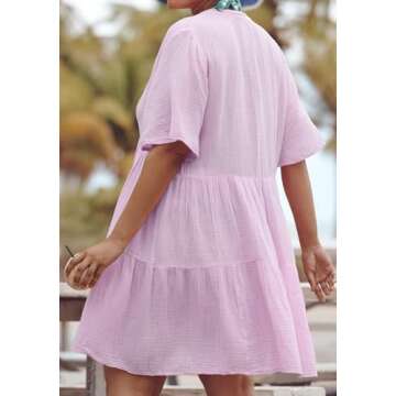 R.Vivimos Womens Summer Cotton Flowy Mini Dress V Neck Short Sleeve Boho Ruffle Tiered Casual Loose Tunic Dress (Small, Lavender)