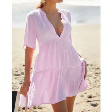 R.Vivimos Womens Summer Cotton Flowy Mini Dress V Neck Short Sleeve Boho Ruffle Tiered Casual Loose Tunic Dress (Small, Lavender)