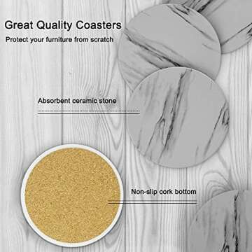 EAGMAK Set of 8 Coasters for Drinks, Absorbent Marble Style Ceramic Drink Coaster with Holder for Coffee Wooden Table Home Decor(Grey)