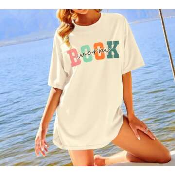 Book Lover Oversized Shirt Women: Bookworm T-Shirt Cute Book Letter Print Tshirt Casual Short Sleeve Tee Tops