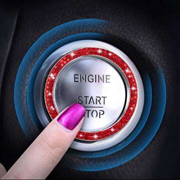 WINKA Rhinestone Universal Stem Covers with 1pcs Car Rhinestone Bling Sticker Emblem Ring for Car Engine Ignition Button Key Knobs Red