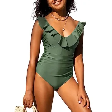 Hilor Women's Ruffled V Neck One Piece Swimsuits Tummy Control Swimwear Shirred Monokini Bathing Sui...