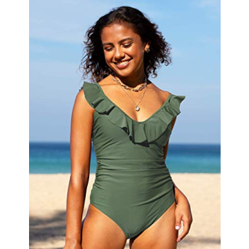 Hilor Women's Ruffled V Neck One Piece Swimsuits Tummy Control Swimwear Shirred Monokini Bathing Suit Army Green S/US4