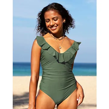 Hilor Women's Ruffled V Neck One Piece Swimsuits Tummy Control Swimwear Shirred Monokini Bathing Suit Army Green S/US4