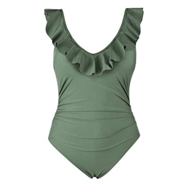 Hilor Women's Ruffled V Neck One Piece Swimsuits Tummy Control Swimwear Shirred Monokini Bathing Suit Army Green S/US4
