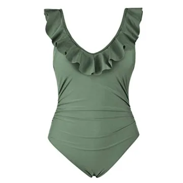 Hilor Women's Ruffled V Neck One Piece Swimsuits Tummy Control Swimwear Shirred Monokini Bathing Suit Army Green S/US4