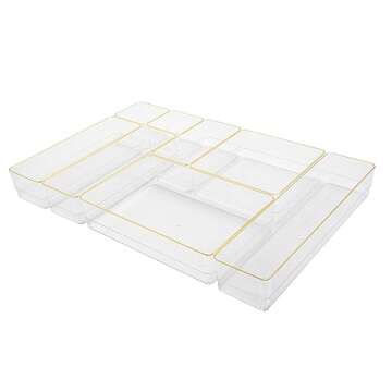 Martha Stewart Kerry Plastic Stackable Office Desk Drawer Organizers, Set of 8, with Gold Trim