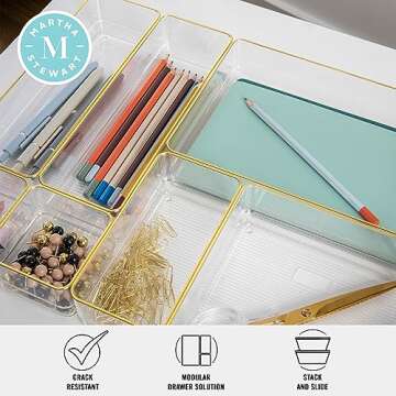 Martha Stewart Kerry Plastic Stackable Office Desk Drawer Organizers, Set of 8, with Gold Trim