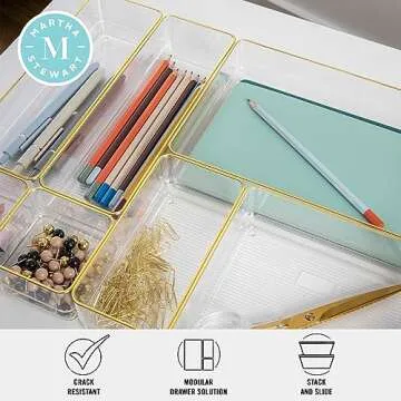 Martha Stewart Kerry Plastic Stackable Office Desk Drawer Organizers, Set of 8, with Gold Trim