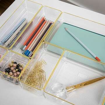 Martha Stewart Kerry Plastic Stackable Office Desk Drawer Organizers, Set of 8, with Gold Trim