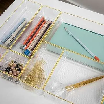 Martha Stewart Kerry Plastic Stackable Office Desk Drawer Organizers, Set of 8, with Gold Trim