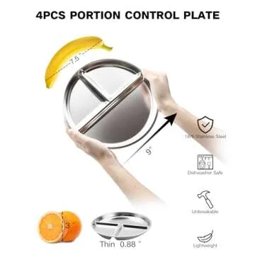 Bakpoco Stainless Steel Kids Plates Set of 4, 9" Portion Control Plates Divided Plates for Adults To...