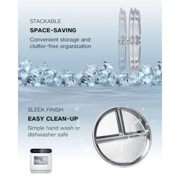 Bakpoco Stainless Steel Kids Plates Set of 4, 9" Portion Control Plates Divided Plates for Adults Toddlers Balance Lunch, Bariatric & Diabetic Diet, Non Toxic Camping Metal Snack Plates for Eating