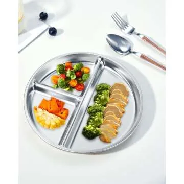 Bakpoco Stainless Steel Kids Plates Set of 4, 9" Portion Control Plates Divided Plates for Adults Toddlers Balance Lunch, Bariatric & Diabetic Diet, Non Toxic Camping Metal Snack Plates for Eating