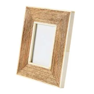 Creative Co-Op Hand-Carved Mango Wood Photo Frame with Bone Border & Ribbed Pattern, Natural (Holds 2" x 3" Photo)
