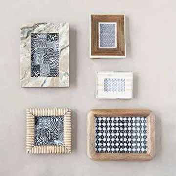 Creative Co-Op Hand-Carved Mango Wood Photo Frame with Bone Border & Ribbed Pattern, Natural (Holds 2" x 3" Photo)