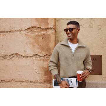 PJ PAUL JONES Mens Sweater Waffle Textured Mens Quarter Zip Pullover Knit Stylish Casual Holiday Sweater for Men Khaki S
