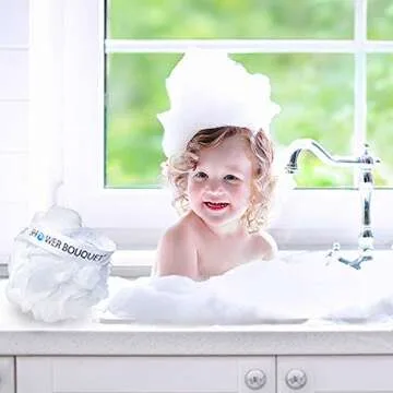 SHOWER BOUQUET Loofah Soft-White-Cloud XL Bath-Sponge 4-Pack // Extra Large 75g Mesh Loofa Lufa Pouf Set for Men and Women - Exfoliate with Big Gentle Cleanse Scrubber in Beauty Bathing Accessories