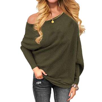 VOIANLIMO Women's Off Shoulder Knit Jumper Long Sleeve Pullover Baggy Solid Sweater (Large, Dark Olive)