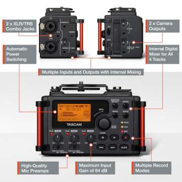 TASCAM 4-Channel Portable Audio Recorder for Videographers, 2 Combo XLR/TRS", Dual 3.5mm Inputs, Limiter, HP Filter (DR-60DmkII)