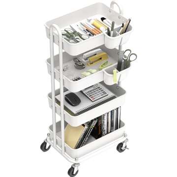 Simple Houseware 4-Tier Multifunctional Rolling Utility Cart with Hanging Buckets, White