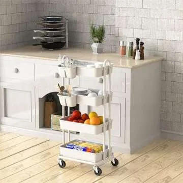 Simple Houseware 4-Tier Multifunctional Rolling Utility Cart with Hanging Buckets, White
