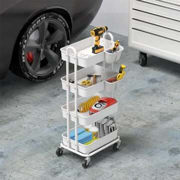 Simple Houseware 4-Tier Multifunctional Rolling Utility Cart with Hanging Buckets, White