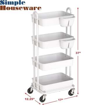 Simple Houseware 4-Tier Multifunctional Rolling Utility Cart with Hanging Buckets, White
