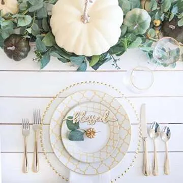 Thanksgiving Place Cards Blessed, Thankful, Grateful Wood Signs Fall Dining Table Plate Ornament Farmhouse Home Table Setting Decor 6 Pack (Thankful)