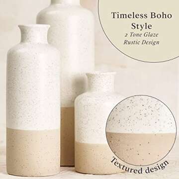 Ceramic Vase Set of 3 - Boho Pampas Grass Vase Set for Home or Living Room Decor - Rustic Farmhouse Decorations - Waterproof Table Flower Vases for Dried or Fresh Flowers