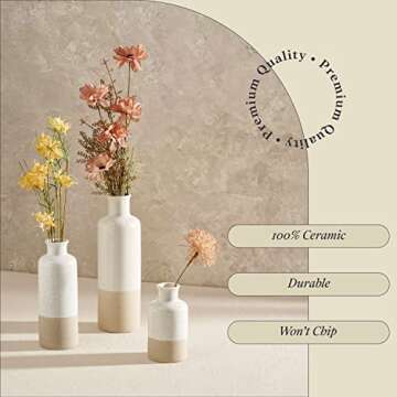 Ceramic Vase Set of 3 - Boho Pampas Grass Vase Set for Home or Living Room Decor - Rustic Farmhouse Decorations - Waterproof Table Flower Vases for Dried or Fresh Flowers