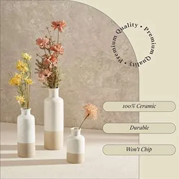 Ceramic Vase Set of 3 - Boho Pampas Grass Vase Set for Home or Living Room Decor - Rustic Farmhouse Decorations - Waterproof Table Flower Vases for Dried or Fresh Flowers