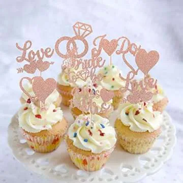 Bridal Shower Cupcake Toppers Glitter Rose Gold Decoration