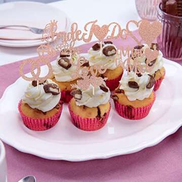Bridal Shower Cupcake Toppers Glitter Rose Gold Decoration