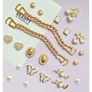 BOAJUNWU Bling Shoe Charms for Women and Girls,Girly Golden Bling Shoe Charms for Clog,Diamond Bling Chain Charms Cute Designer Shoe Decoration Jewels Birthday Gifts Party Favors