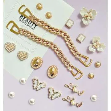 BOAJUNWU Bling Shoe Charms for Women and Girls,Girly Golden Bling Shoe Charms for Clog,Diamond Bling Chain Charms Cute Designer Shoe Decoration Jewels Birthday Gifts Party Favors