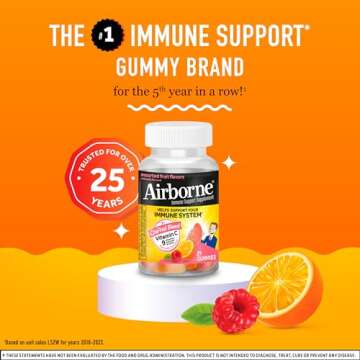 Airborne 750mg Vitamin C Gummies For Adults, Immune Support Supplement with Powerful Antioxidants Vitamins A C & E - 21 Gummies, Assorted Fruit Flavor