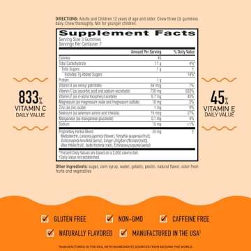 Airborne 750mg Vitamin C Gummies For Adults, Immune Support Supplement with Powerful Antioxidants Vitamins A C & E - 21 Gummies, Assorted Fruit Flavor