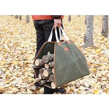 Firewood Carrier - Waxed Canvas Wood Carrier for Firewood, Heavy Duty Log Carrier Bag As Wood Stove Accessories