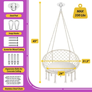 Patio Watcher Macrame Hanging Chair with Cushion 330 Lbs