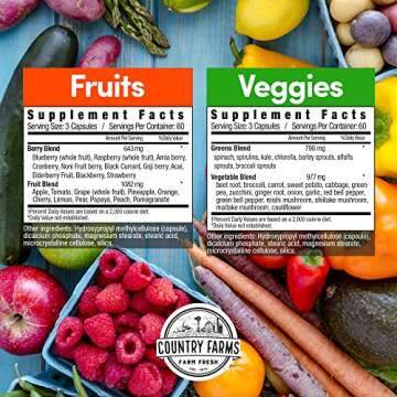 COUNTRY FARMS Fruits and Vegetables Supplement, 180 Fruit and 180 Veggie Capsules, Greens and Reds P...
