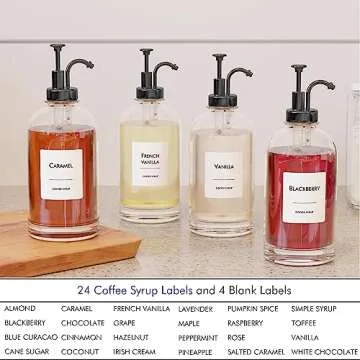 16.9 oz/500 ml Coffee Syrup Dispenser Set - 2 Glass Bottles with Black Pumper and Syrup Labels - Precise Dispensing and Stylish Addition to Coffee Shop, Cafe or Home Bar